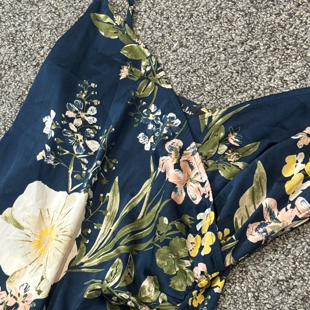 Lulu's Navy Floral Satin Midi Slip Dress with Side Slit - Picture 5 of 8